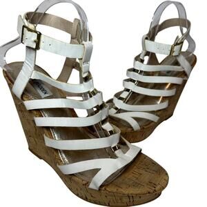 Steve Madden Size 10 White Cork Wedge Sandals Ankle Strappy Casual Vacation